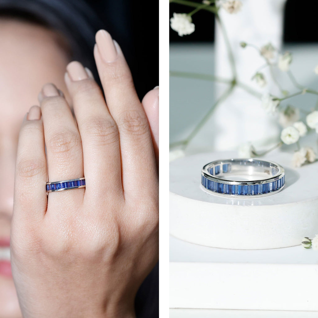 Certified Lab Grown Blue Sapphire Baguette Eternity Band Ring for Women  nurture and calm the mind make you successful