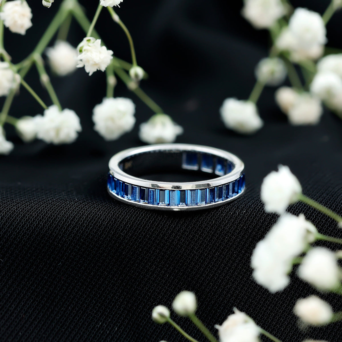 Certified Lab Grown Blue Sapphire Baguette Eternity Band Ring for Women  nurture and calm the mind make you successful