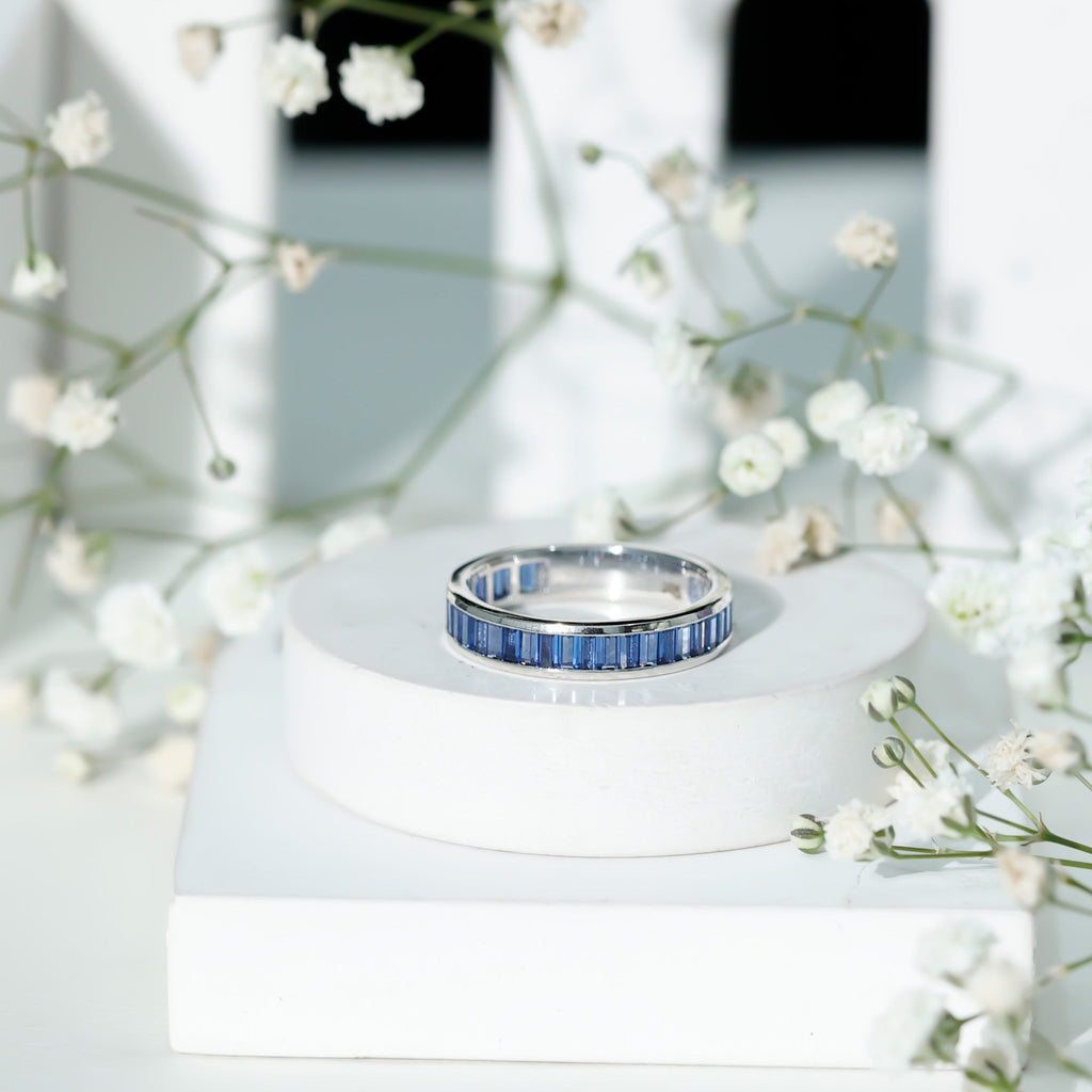 Certified Lab Grown Blue Sapphire Baguette Eternity Band Ring for Women  nurture and calm the mind make you successful
