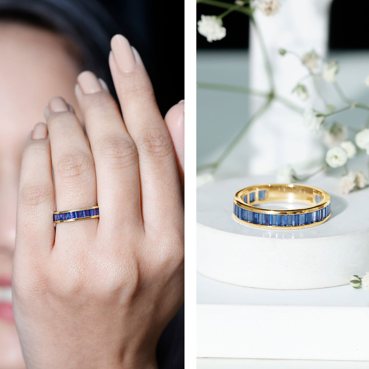 Certified Lab Grown Blue Sapphire Baguette Eternity Band Ring for Women  nurture and calm the mind make you successful
