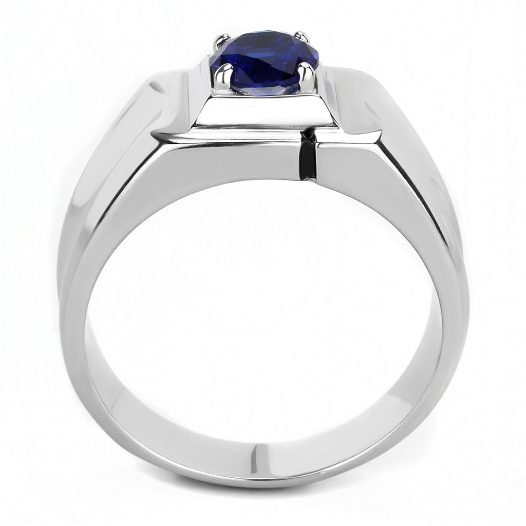 6.5mm Round Cut Montana Blue Sapphire CZ Solitaire Stainless Steel Mens Wedding Ring