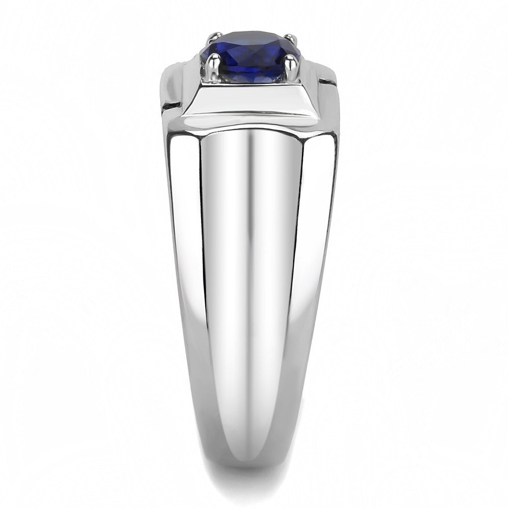 6.5mm Round Cut Montana Blue Sapphire CZ Solitaire Stainless Steel Mens Wedding Ring