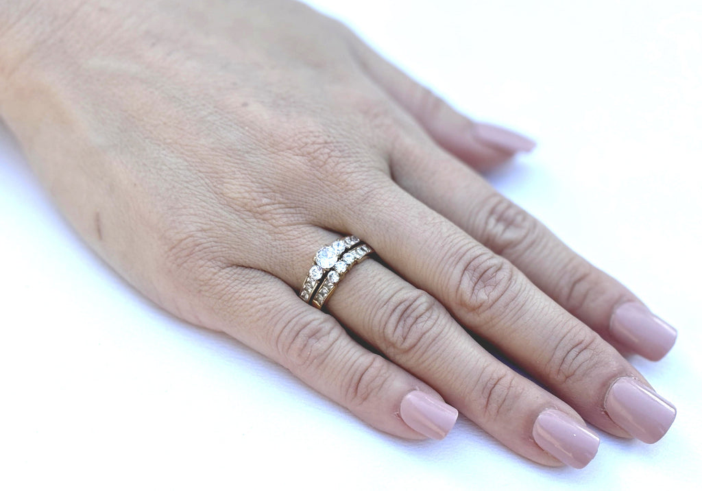 His Hers Couples Ring Set 14K Gold Plated Small Round CZ Wedding Ring Set Mens Matching Gold Plated Band