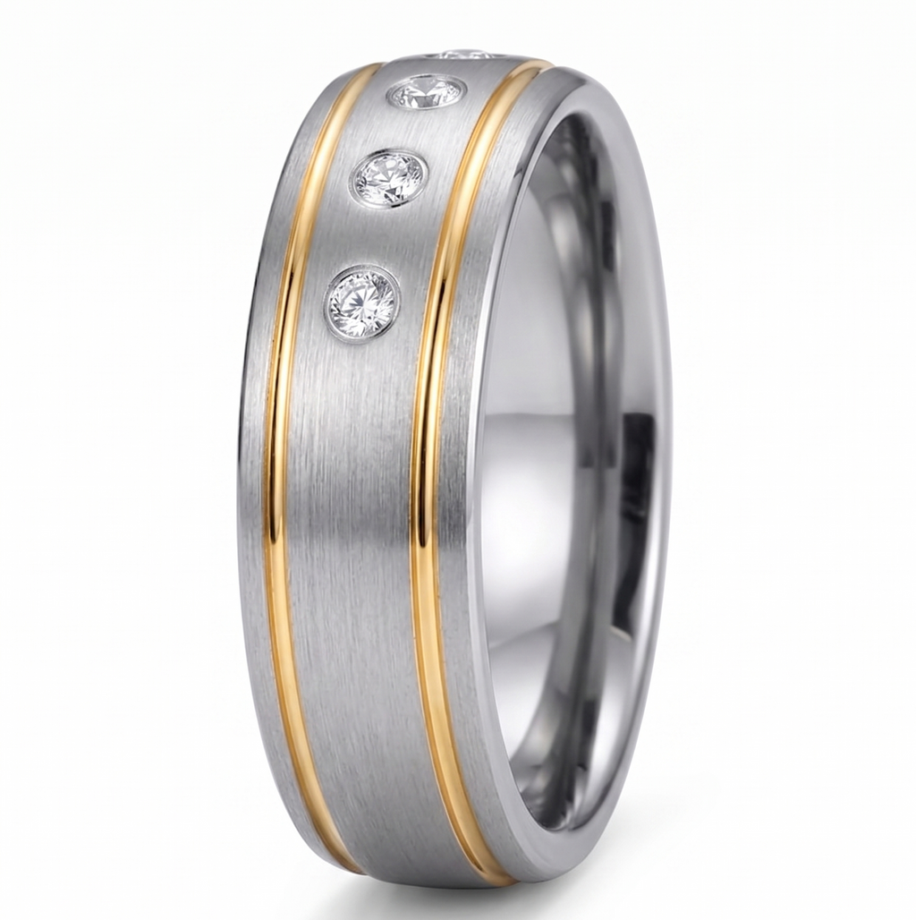 Modern 8mm Men's Two-Tone Tungsten Ring – Durable Wedding Band with Brilliant Simulated Diamond Accents