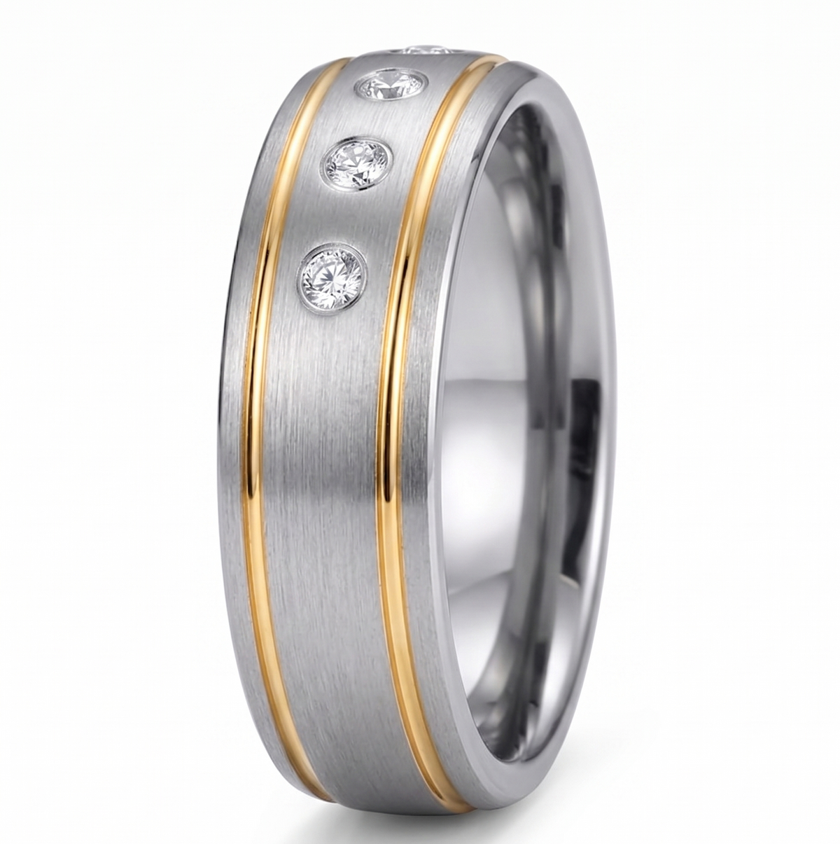 Modern 8mm Men's Two-Tone Tungsten Ring – Durable Wedding Band with Brilliant Simulated Diamond Accents