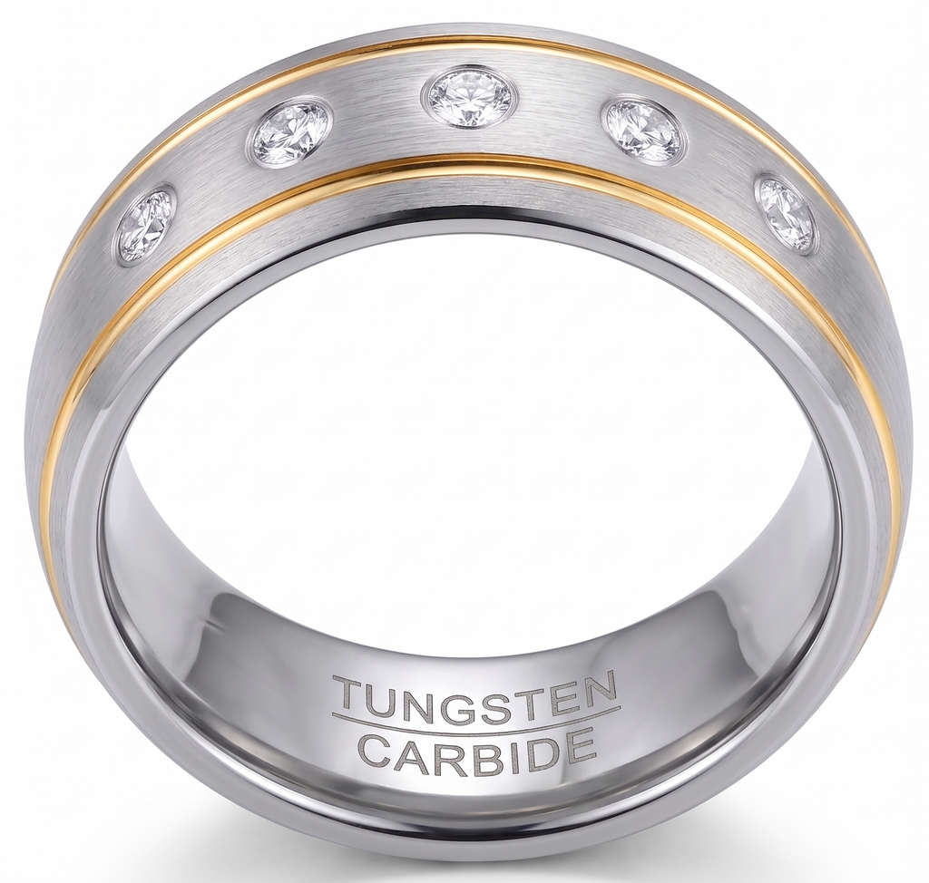 Modern 8mm Men's Two-Tone Tungsten Ring – Durable Wedding Band with Brilliant Simulated Diamond Accents