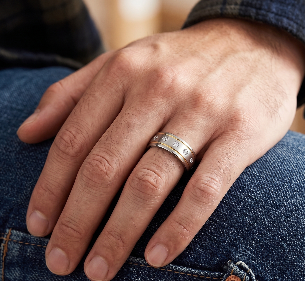 Modern 8mm Men's Two-Tone Tungsten Ring – Durable Wedding Band with Brilliant Simulated Diamond Accents