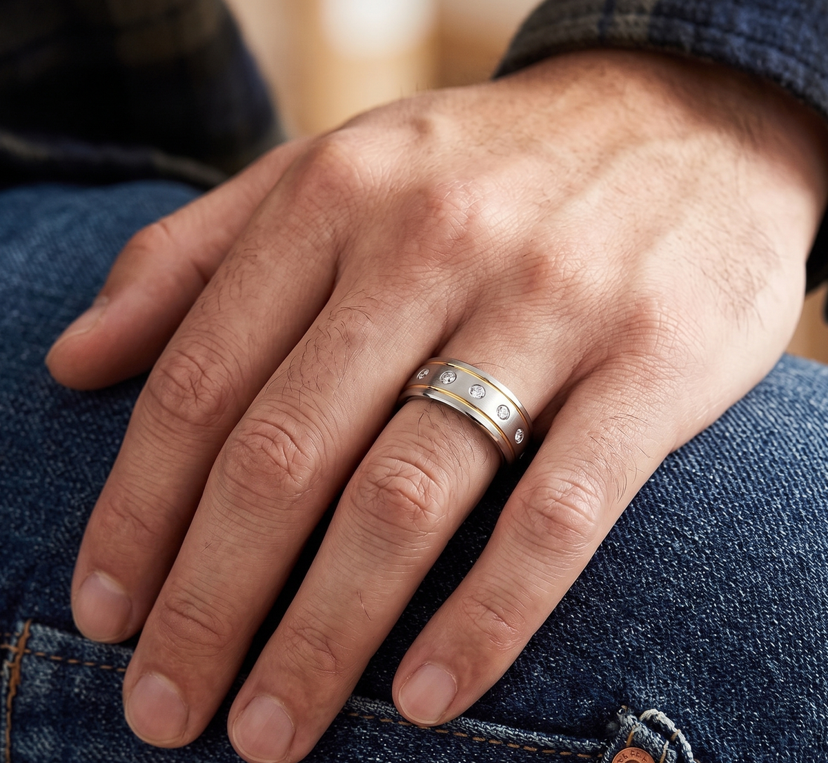 Modern 8mm Men's Two-Tone Tungsten Ring – Durable Wedding Band with Brilliant Simulated Diamond Accents