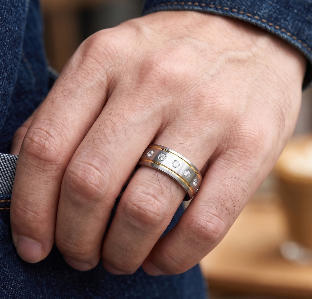 Modern 8mm Men's Two-Tone Tungsten Ring – Durable Wedding Band with Brilliant Simulated Diamond Accents