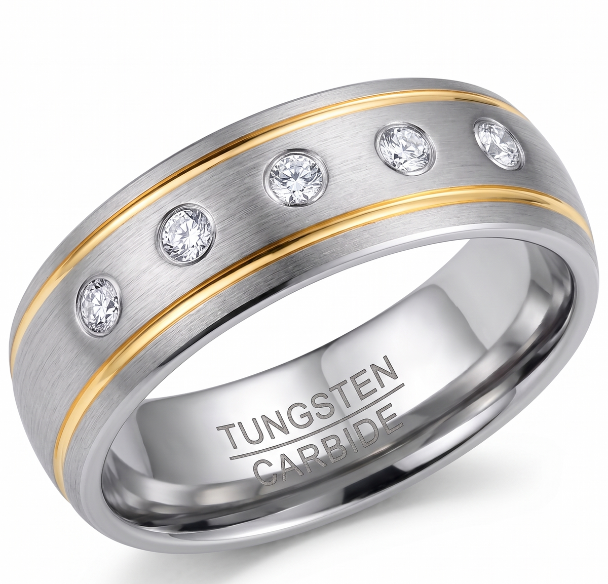 Modern 8mm Men's Two-Tone Tungsten Ring – Durable Wedding Band with Brilliant Simulated Diamond Accents